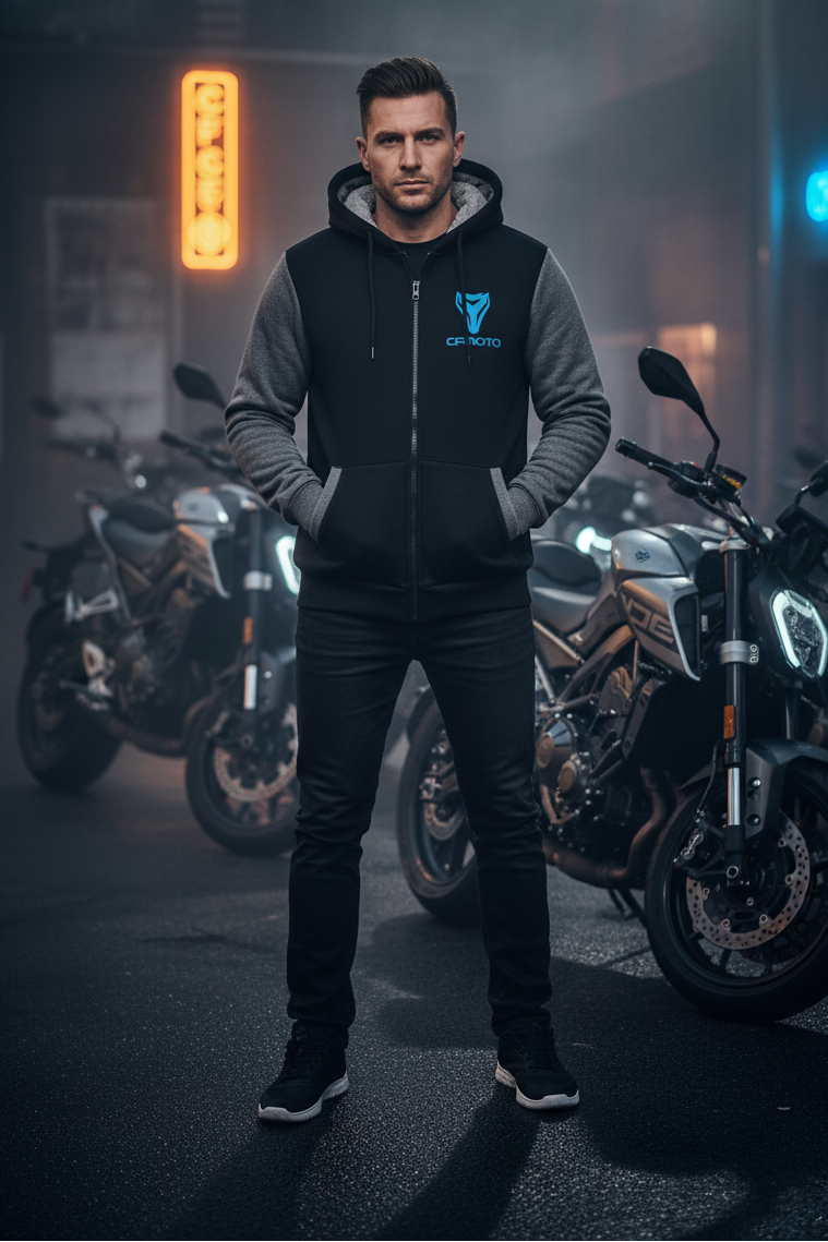 Male model wearing CFMOTO hoodie